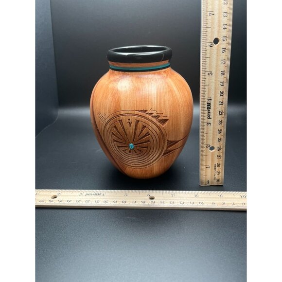 Navajo Handcrafted Etched Vase By Dwayne Blackfoot 6"  Southwestern Turquoise - Picture 5 of 6